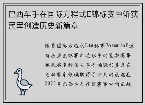 巴西车手在国际方程式E锦标赛中斩获冠军创造历史新篇章